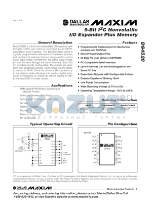 DS4520 datasheet - 9-Bit I2C Nonvolatile I/O Expander Plus Memory