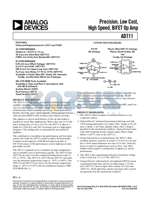 AD711BH datasheet - Precision, Low Cost, High Speed, BiFET Op Amp