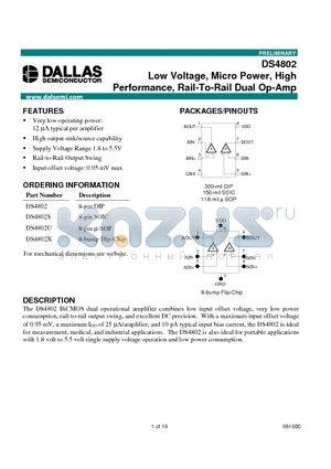 DS4802S datasheet - Low Voltage, Micro Power, High Performance, Rail-To-Rail Dual Op-Amp