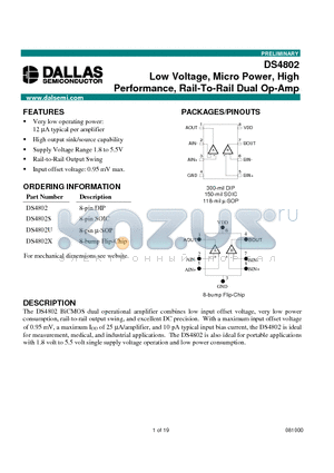DS4802U datasheet - Low Voltage, Micro Power, High Performance, Rail-To-Rail Dual Op-Amp