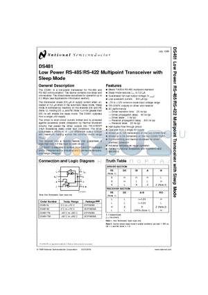 DS481TM datasheet - Low Power RS-485/RS-422 Multipoint Transceiver with Sleep Mode