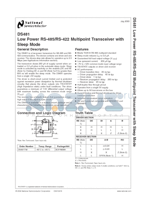 DS481 datasheet - Low Power RS-485/RS-422 Multipoint Transceiver with Sleep Mode