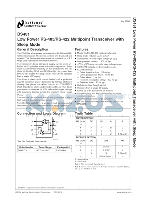 DS481_00 datasheet - Low Power RS-485/RS-422 Multipoint Transceiver with Sleep Mode