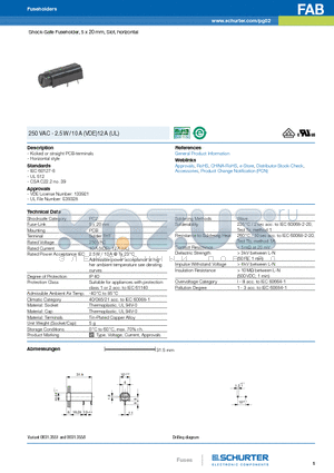 FAB datasheet - Shock-Safe Fuseholder, 5 x 20 mm, Slot, horizontal