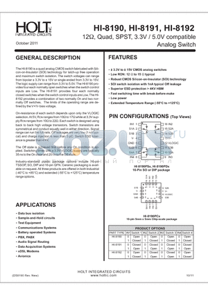 HI-8190PCTF datasheet - 12, Quad, SPST, 3.3V / 5.0V compatible Analog Switch