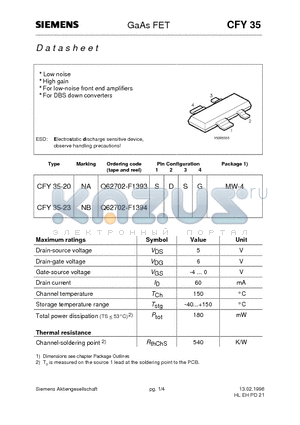 CFY35 datasheet - GaAs FET (Low noise High gain For low-noise front end amplifiers For DBS down converters)