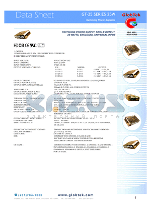 GT-25 datasheet - SWITCHING POWER SUPPLY, SINGLE OUTPUT: 25 WATTS, ENCLOSED, UNIVERSAL INPUT