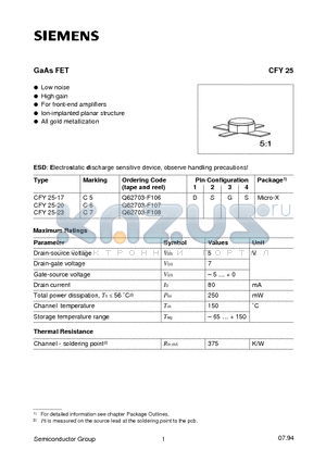 CFY25-23 datasheet - GaAs FET (Low noise High gain For front-end amplifiers lon-implanted planar structure All gold metallization)