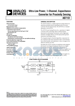 AD7151 datasheet - Ultra-Low Power, 1-Channel, Capacitance Converter for Proximity Sensing