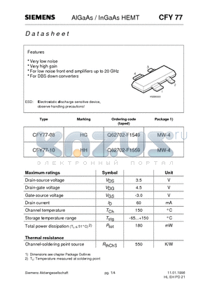 CFY77 datasheet - AlGaAs / InGaAs HEMT (Very low noise Very high gain For low noise front end amplifiers up to 20 GHz For DBS down converters)