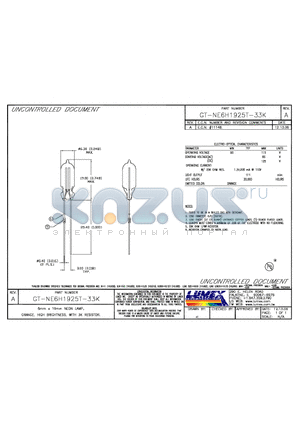 GT-NE6S1925T datasheet - 6mm x 19mm NEON LAMP, ORANGE, HIGH BRIGHTNESS, WITH 3K RESISTOR