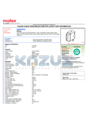 89485-8002 datasheet - Universal Serial Bus (USB) Shielded I/O Type A Receptacle, Single Upright, Right Angle, Terminal Length 2.50mm (.098), Without Mylar, Gold (Au) Flash, Tray Package