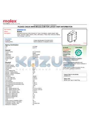 89485-8103 datasheet - Universal Serial Bus (USB) Shielded I/O Type A Receptacle, Single Upright, Right Angle, Terminal Length 2.50mm (.098), With Mylar, 0.76lm (30l) Gold (Au) Plating