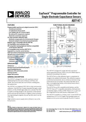 AD7147 datasheet - CapTouch Programmable Controller for Single-Electrode Capacitance Sensors