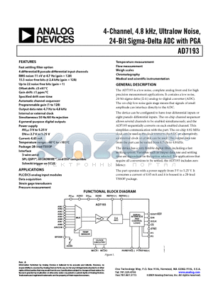 AD7193 datasheet - 4-Channel, 4.8 kHz, Ultralow Noise, 24-Bit Sigma-Delta ADC with PGA
