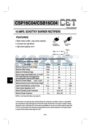CSP16C04 datasheet - 16 AMPS. SCHOTTKY BARRIER RECTIFIERS