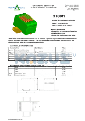 GT0001 datasheet - PULSE TRANSFORMER MODULE