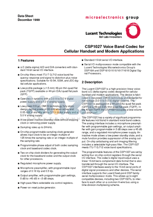 CSP1027 datasheet - CSP1027 Voice Band Codec for Cellular Handset and Modem Applications