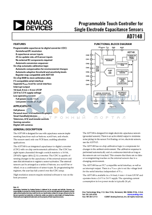 AD7148ACPZ-1REEL datasheet - Programmable Touch Controller for Single Electrode Capacitance Sensors