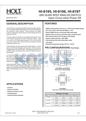 HI-8196PSTF datasheet - 28 QUAD SPST ANALOG SWITCH Open Circuit when Power Off