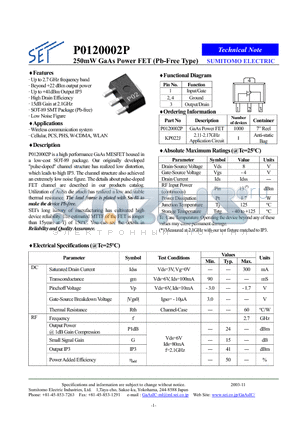KP022J datasheet - 250mW GaAs Power FET (Pb-Free Type)