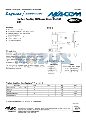 DS52-0001-RTR datasheet - Low Cost Two-Way SMT Power Divider 824-960 MHz