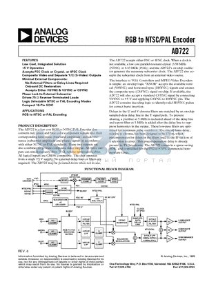 AD722JR-16-REEL datasheet - RGB to NTSC/PAL Encoder