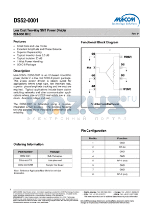 DS52-0001TR datasheet - Low Cost Two-Way SMT Power Divider 824-960 MHz