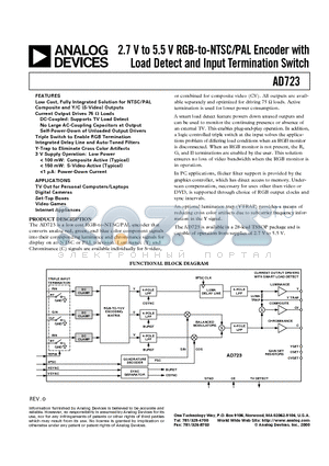 AD723 datasheet - 2.7 V to 5.5 V RGB-to-NTSC/PAL Encoder with Load Detect and Input Termination Switch