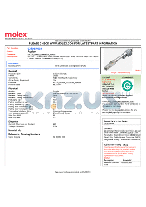 34081-4003 datasheet - MX150 Female Cable Seal Terminal, Silver (Ag) Plating, 22 AWG, Right Reel PayoffContact Material Thickness 0.30mm (.012