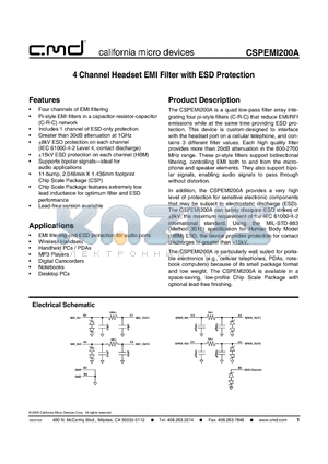 CSPEMI200A datasheet - 4 Channel Headset EMI Filter with ESD Protection