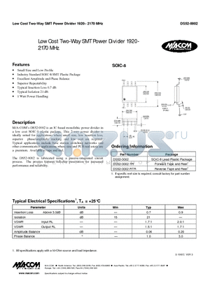 DS52-0002-TR datasheet - Low Cost Two-Way SMT Power Divider 1920- 2170 MHz