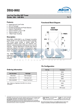 DS52-0002-TR datasheet - Low Cost Two-Way SMT Power Divider, 1850 - 1990 MHz