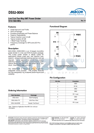 DS52-0004-TR datasheet - Low Cost Two-Way SMT Power Divider 1510-1660 MHz