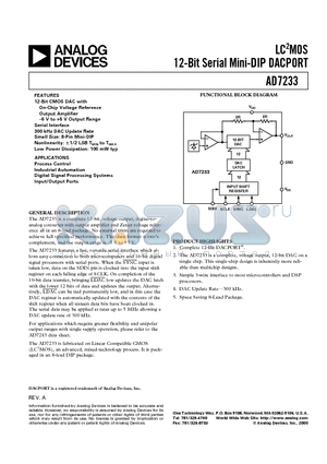 AD7233AN datasheet - LC2MOS 12-Bit Serial Mini-DIP DACPORT