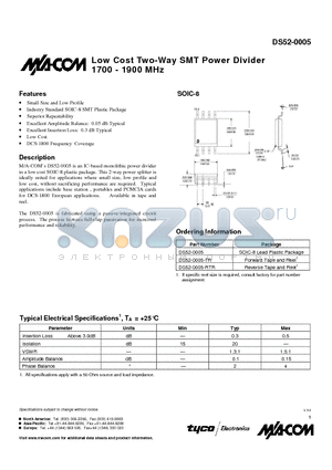 DS52-0005-RTR datasheet - Low Cost Two-Way SMT Power Divider 1700 - 1900 MHz