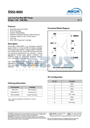 DS52-0005-TR datasheet - Low Cost Two-Way SMT Power Divider, 1700 - 1900 MHz