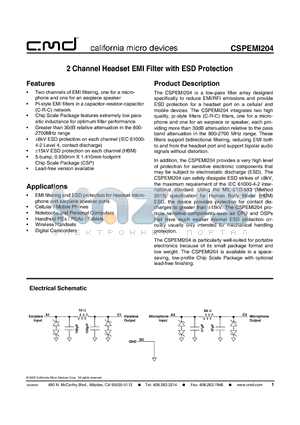 CSPEMI204 datasheet - 2 Channel Headset EMI Filter with ESD Protection