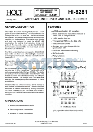 HI-8281PJT datasheet - ARINC 429 LINE DRIVER AND DUAL RECEIVER