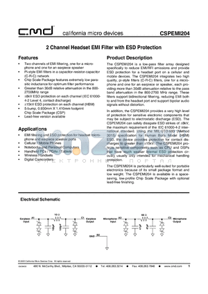 CSPEMI204G datasheet - 2 Channel Headset EMI Filter with ESD Protection