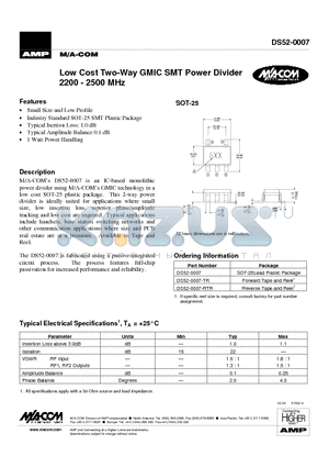 DS52-0007-RTR datasheet - Low Cost Two-Way GMIC SMT Power Divider 2200 - 2500 MHz