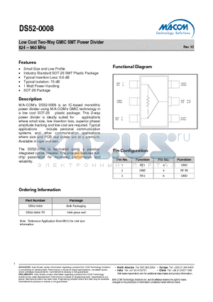 DS52-0008-TR datasheet - Low Cost Two-Way GMIC SMT Power Divider 824 - 960 MHz