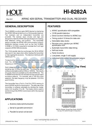 HI-8282APJI datasheet - ARINC 429 SERIAL TRANSMITTER AND DUAL RECEIVER