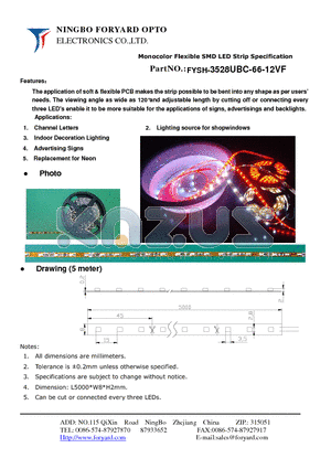 FYSH-3528UBC-66-12VF datasheet - Monocolor Flexible SMD LED Strip Specification