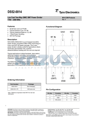 DS52-0014-TR datasheet - Low Cost Two-Way GMIC SMT Power Divider 1700-2000MHz