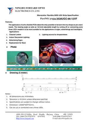 FYSH-3528UGC-66-12VF datasheet - Monocolor Flexible SMD LED Strip Specification