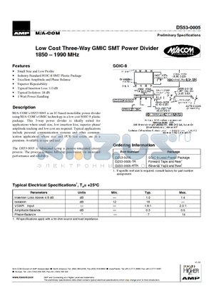 DS53-0005 datasheet - Low Cost Three-Way GMIC SMT Power Divider 1850 . 1990 MHz