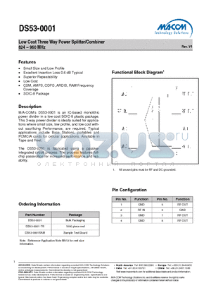 DS53-0001-TR datasheet - Low Cost Three Way Power Splitter/Combiner 824 - 960 MHz