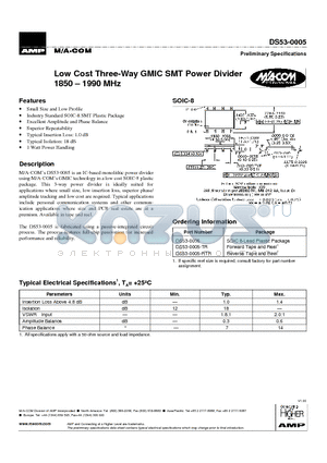 DS53-0005-TR datasheet - Low Cost Three-Way GMIC SMT Power Divider 1850 . 1990 MHz