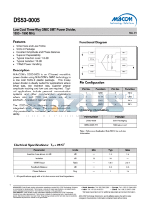 DS53-0005-TR datasheet - Low Cost Three-Way GMIC SMT Power Divider, 1850 - 1990 MHz